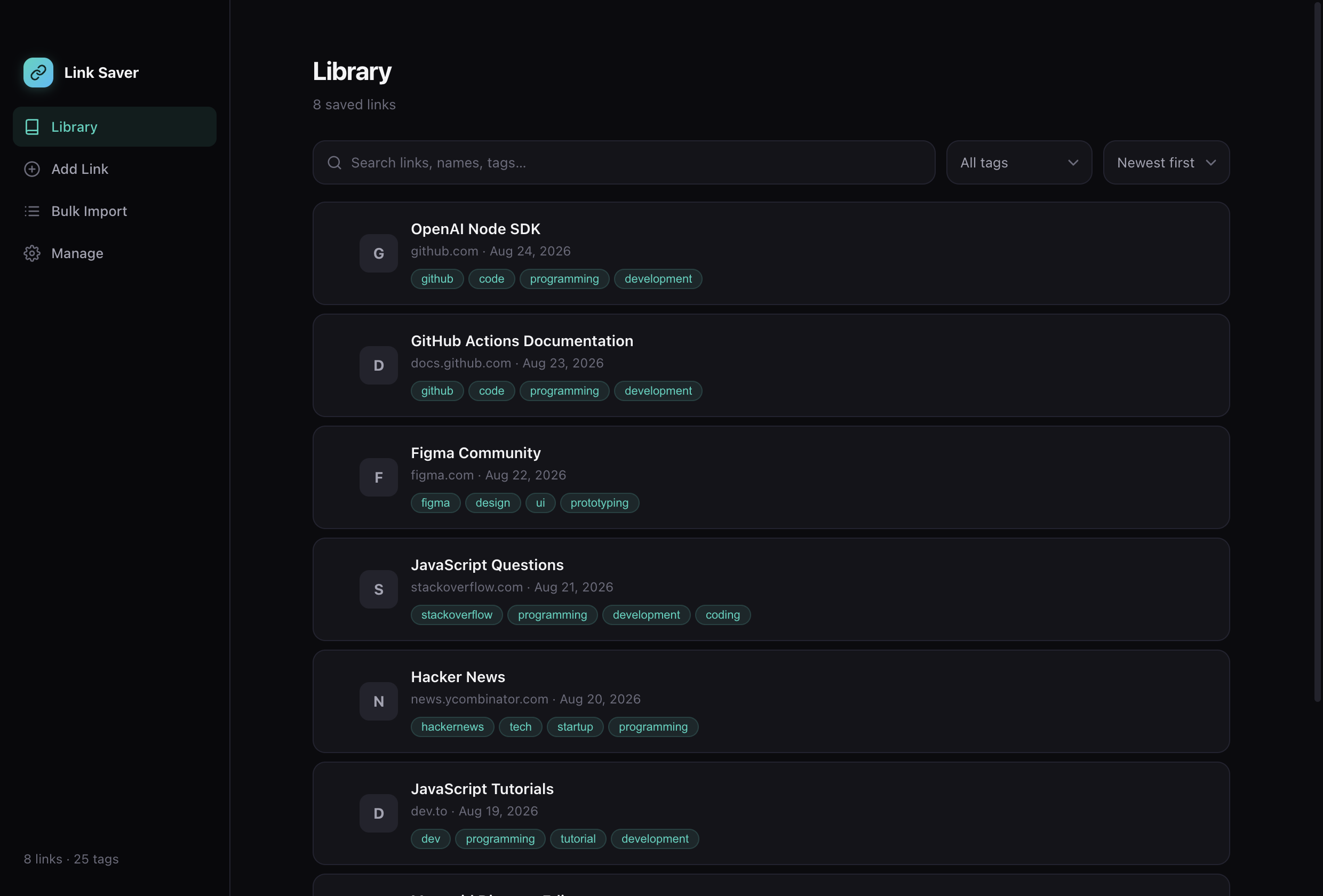 Link Saver library showing saved bookmarks and smart tags