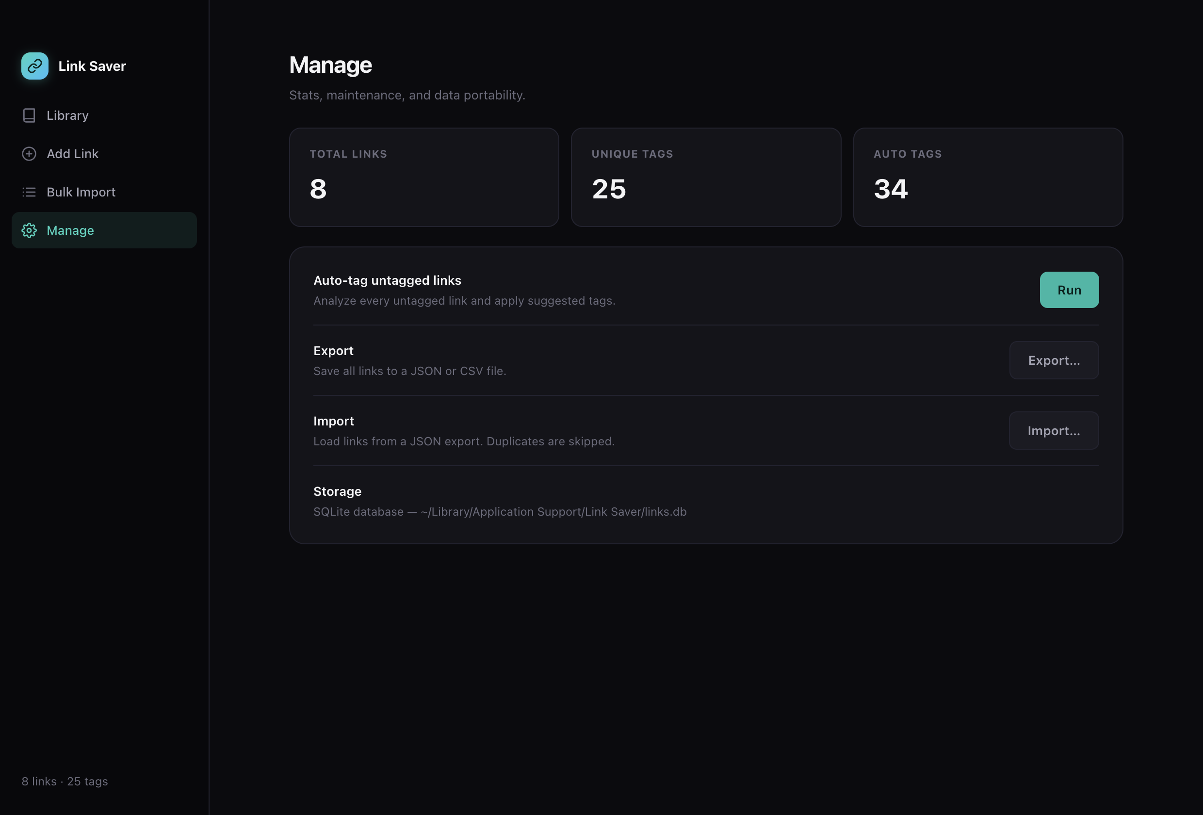Link Saver data management and portability view